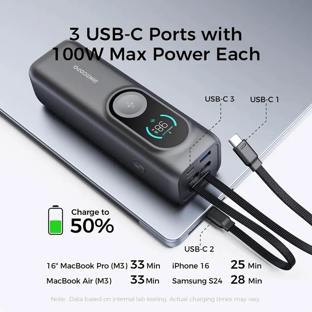 Alt view image 2 of 7 - 25000mAh Power Bank, 170W Portable Charger with 2 Built-in Cables,100W USB-C Laptop Charging, Apple Watch Wireless Charging, 90Wh TSA-Approved Battery Pack for iPhone, MacBook, Samsung