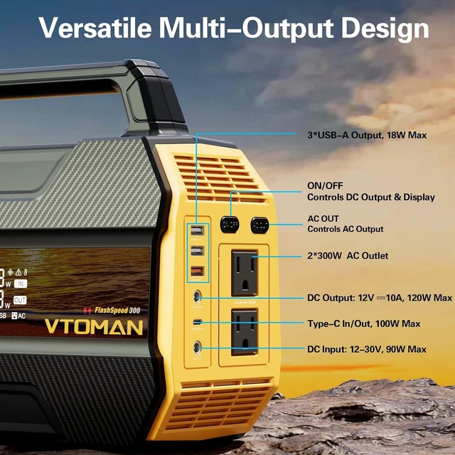 Alt view image 7 of 7 - FlashSpeed 300 Portable Power Station, 300W 230Wh LiFePO4 Battery,3000 Life Cycles, 600W peak, 100W PD USB-C, Fast Charge, 6 Outputs, Outdoor Camping, Home Backup, RV, Off-Grid