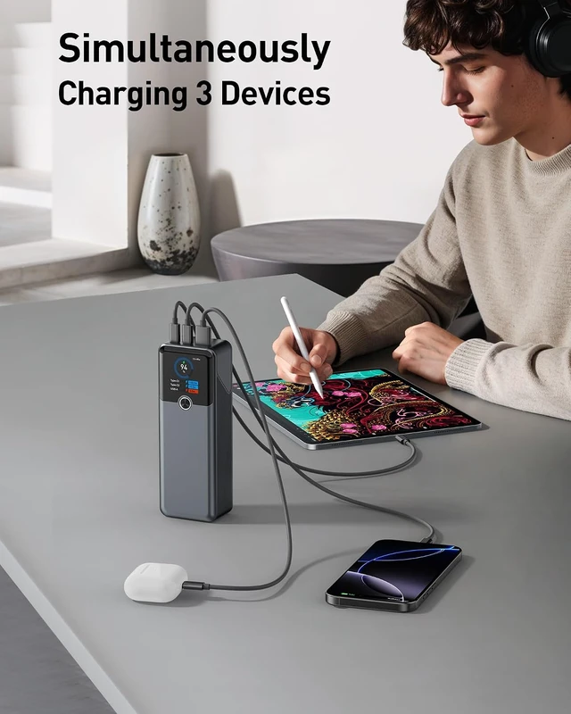 Alt view image 5 of 7 - Laptop Power Bank, 3-Port 20,000mAh Portable Charger with 140W, PD 3.1 Fast Charging, Flight-Approved for Travel, PowerTower, for MacBook, iPhone 17/16 Series, and More(Grey)