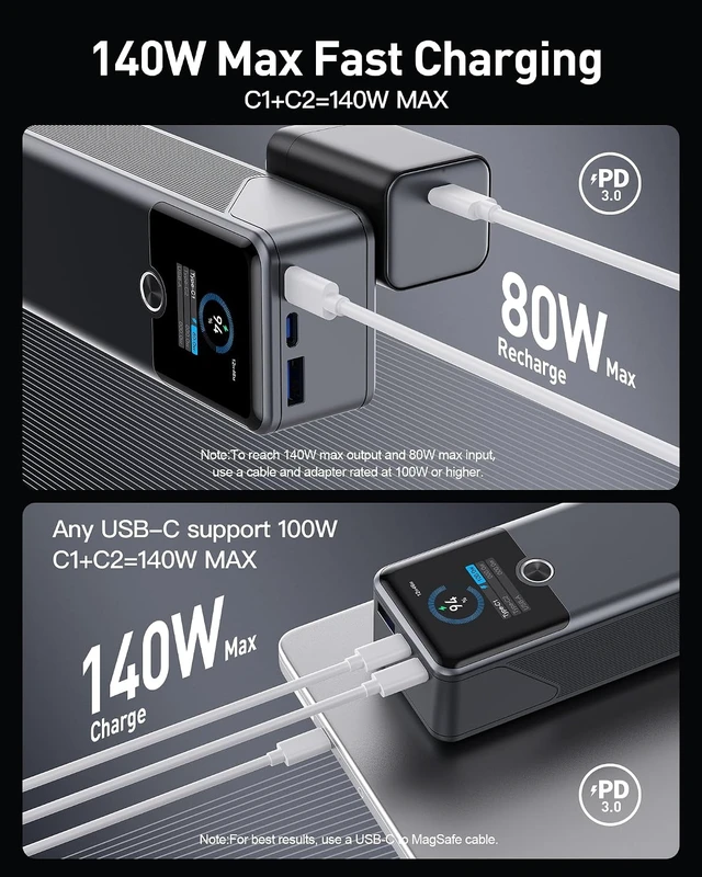 Alt view image 7 of 7 - Laptop Power Bank, 3-Port 20,000mAh Portable Charger with 140W, PD 3.1 Fast Charging, Flight-Approved for Travel, PowerTower, for MacBook, iPhone 17/16 Series, and More(Grey)