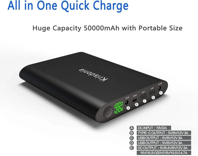 Alt view image 6 of 7 - 50000mAh Laptop Power Bank with DC Output, Portable Charger,Adjustable DC 5V-20V output with 14 laptop connectors, QC 3.0 USB and USB-C port for laptops, tablets, phones and travel