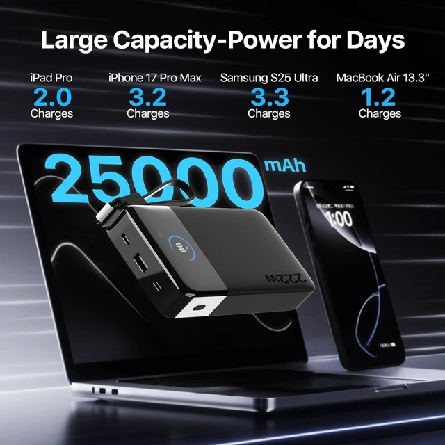 Alt view image 5 of 7 - 222W Power Bank, 25000mAh Laptop and Phone Portable Charger,2C+1A Outputs (100W+100W+22.5W), Detachable USB C Cable, TFT Display, APP Control, TSA-Compliant for Laptop,Tablet, Phone
