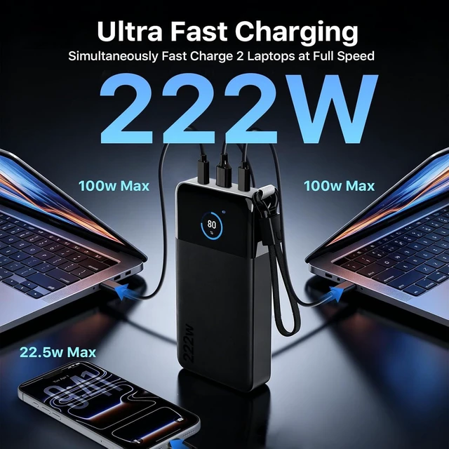 Alt view image 3 of 7 - 222W Power Bank, 25000mAh Laptop and Phone Portable Charger,2C+1A Outputs (100W+100W+22.5W), Detachable USB C Cable, TFT Display, APP Control, TSA-Compliant for Laptop,Tablet, Phone
