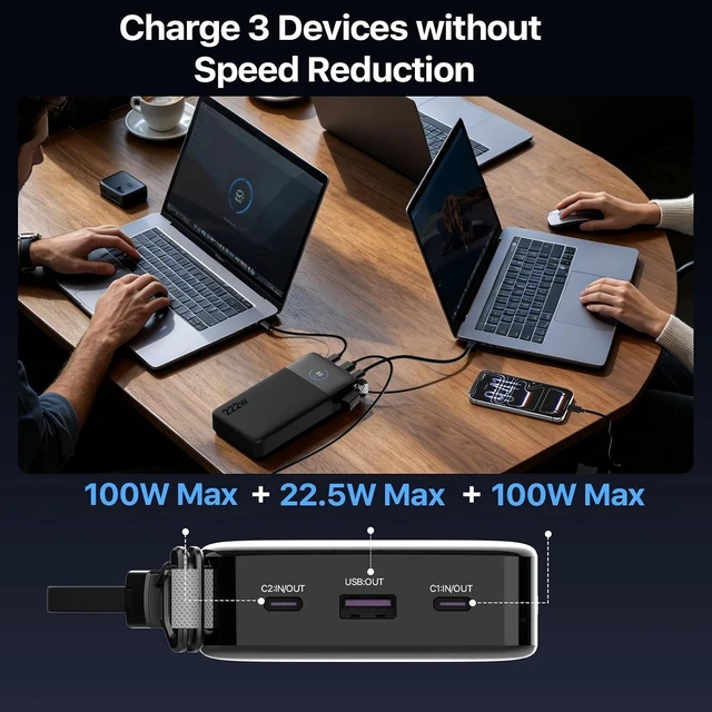 Alt view image 4 of 7 - 222W Power Bank, 25000mAh Laptop and Phone Portable Charger,2C+1A Outputs (100W+100W+22.5W), Detachable USB C Cable, TFT Display, APP Control, TSA-Compliant for Laptop,Tablet, Phone