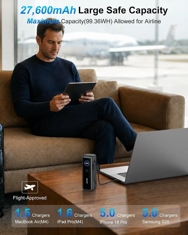 Alt view image 6 of 7 - Laptop Power Bank Built-in C-Cable TFT Display PD3.1 140W 27600mAh,Fast Charging Battery Bank Portable Charger Power Bank for MacBook Pro/Air/iPhone 18/iPad Pro/S26 Ultra/Dell/HP(TSA-Approved)