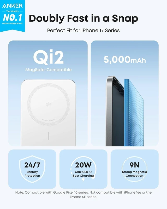 Alt view image 5 of 6 - Nano Magnetic Power Bank, 5,000mAh Qi2-Certified 15W Portable Charger,Ultra-Slim Travel Essentials: 0.34 in, Qi2 15W MagSafe-Compatible Battery Pack for iPhone 18 Pro Max/17 /16 Series and More