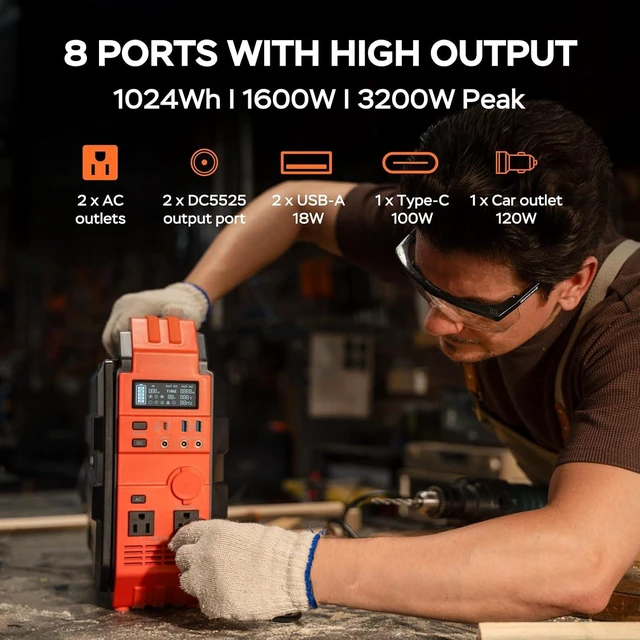Alt view image 2 of 7 - 1600W Solar Generator, 1024Wh Power Station with Built-In 40W Panel,LiFePO4 battery, 3200W peak output, 100W USB-C, portable generator for emergency home backup, camping, RVs and power outages