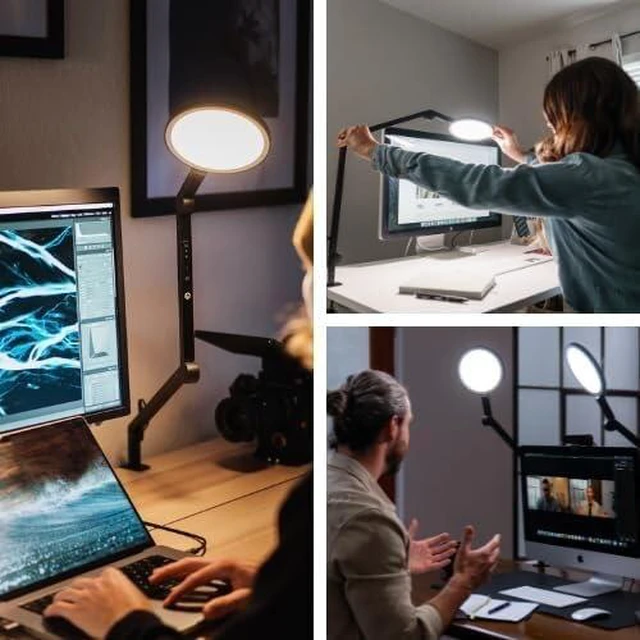 Alt view image 4 of 7 - LUME CUBE Edge 2.0 LED Desk Lamp | Dimmable Home Office Desk Light with USB Charging Port & Strong Swing Arm | Adjustable Color Temperature and Brightness | Circle Webcam Light - Black