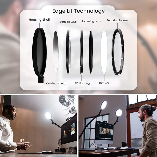 Alt view image 6 of 7 - LUME CUBE Edge 2.0 LED Desk Lamp | Dimmable Home Office Desk Light with USB Charging Port & Strong Swing Arm | Adjustable Color Temperature and Brightness | Circle Webcam Light - Black