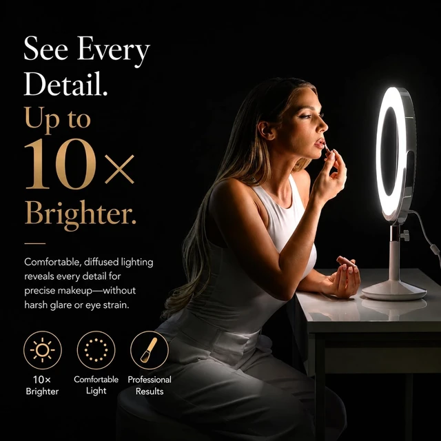 Alt view image 3 of 7 - Beauty Ring Light All-in-One Lighted Makeup Mirror & Ring Light, 10x Brighter, 98% Daylight Accuracy, Perfect for Aging Eyes, Video Calls & Content Creation