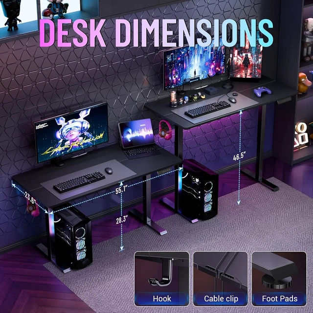 Alt view image 6 of 7 - Veken 55 Inch Large Electric Standing Desk, Gaming Table, Black,Height Adjustable Sit Stand Up Computer Tables for Home Office, Study , Writing, Suit students, employees and group work