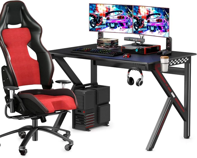 Alt view image 3 of 7 - Tangkula Computer Desk Gaming Desk, E-Sports Gaming Workstation with Cup Holder & Headphone Holder, Ergonomic Gamer Table with Adjustable Feet Pads, Home Office Computer Desk PC Desk Table