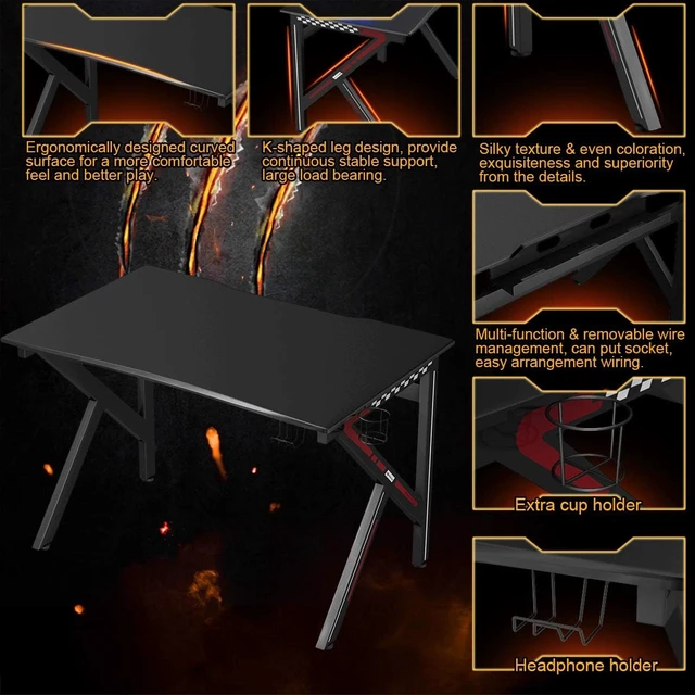 Alt view image 2 of 7 - Tangkula Computer Desk Gaming Desk, E-Sports Gaming Workstation with Cup Holder & Headphone Holder, Ergonomic Gamer Table with Adjustable Feet Pads, Home Office Computer Desk PC Desk Table