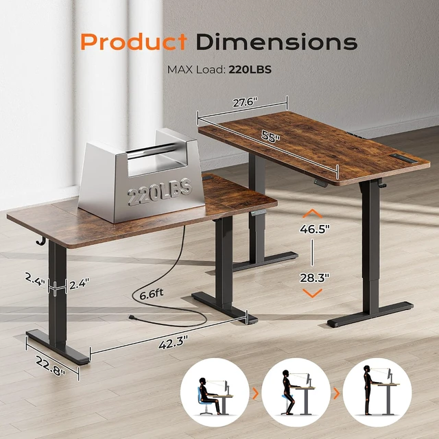 Alt view image 4 of 7 - Huuger 55 x 28 Large Electric Standing Desk with 4 AC Outlets, Type-C Port, Height Adjustable Computer Desk, 27.6" Deep Desktop, Stand up Gaming Office Desk, 3 Preset Heights, Rustic Brown