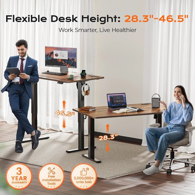 Alt view image 3 of 7 - Huuger 55 x 28 Large Electric Standing Desk with 4 AC Outlets, Type-C Port, Height Adjustable Computer Desk, 27.6" Deep Desktop, Stand up Gaming Office Desk, 3 Preset Heights, Rustic Brown