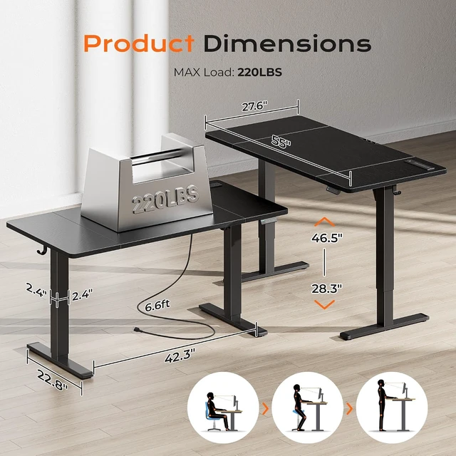 Alt view image 5 of 7 - Huuger 55 x 28 Large Electric Standing Desk with 4 AC Outlets, Type-C Port, Height Adjustable Computer Desk, 27.6" Deep Desktop, Stand up Gaming Desk, 3 Preset Heights, for Home Office, Black