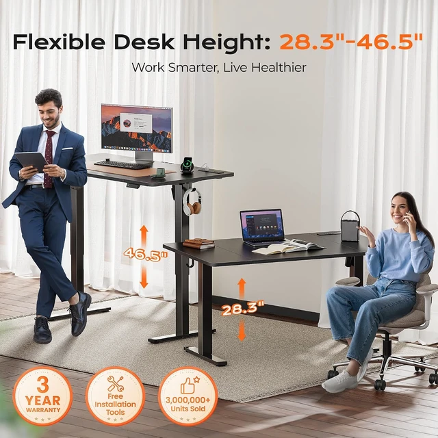 Alt view image 7 of 7 - Huuger 55 x 28 Large Electric Standing Desk with 4 AC Outlets, Type-C Port, Height Adjustable Computer Desk, 27.6" Deep Desktop, Stand up Gaming Desk, 3 Preset Heights, for Home Office, Black