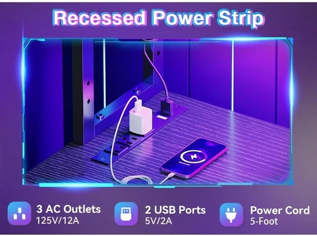 Alt view image 2 of 7 - AODK L Shaped Desk Gaming Desk with LED Light & Power Outlet,53 Inch Black Reversible L Shaped Computer Table with Shelf & Storage Bag & Hook for Home Office