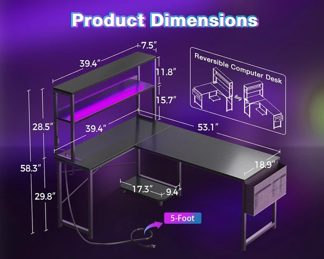 Alt view image 6 of 7 - AODK L Shaped Desk Gaming Desk with LED Light & Power Outlet,53 Inch Black Reversible L Shaped Computer Table with Shelf & Storage Bag & Hook for Home Office