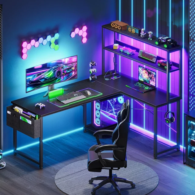 Alt view image 7 of 7 - AODK L Shaped Desk Gaming Desk with LED Light & Power Outlet,53 Inch Black Reversible L Shaped Computer Table with Shelf & Storage Bag & Hook for Home Office
