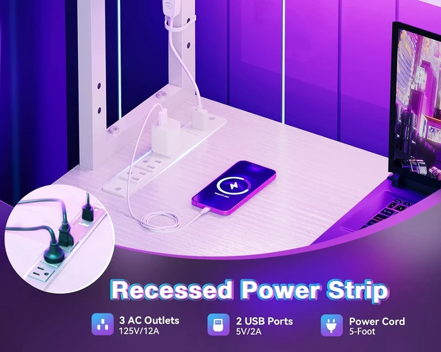 Alt view image 4 of 7 - AODK L Shaped Desk Gaming Desk with LED Light & Power Outlet,53 Inch White Reversible L Shaped Computer Table with Shelf, Corner Desk with Storage Bag&Hook for Home Office Desk