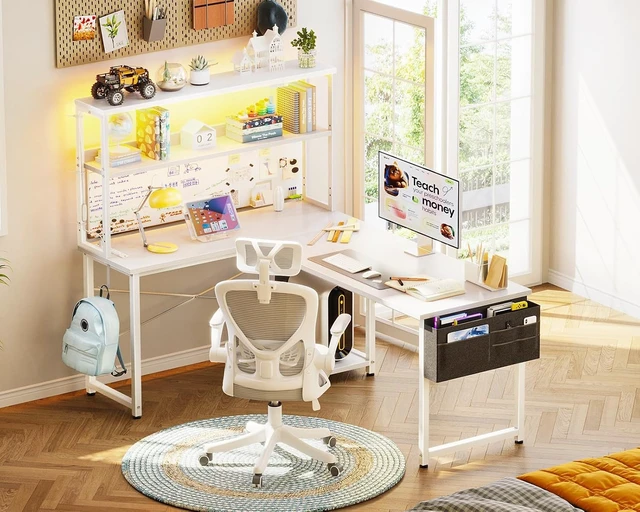 Alt view image 2 of 7 - AODK L Shaped Desk Gaming Desk with LED Light & Power Outlet,53 Inch White Reversible L Shaped Computer Table with Shelf, Corner Desk with Storage Bag&Hook for Home Office Desk