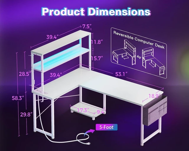 Alt view image 7 of 7 - AODK L Shaped Desk Gaming Desk with LED Light & Power Outlet,53 Inch White Reversible L Shaped Computer Table with Shelf, Corner Desk with Storage Bag&Hook for Home Office Desk