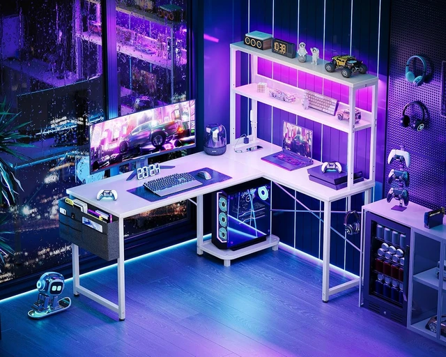 Alt view image 6 of 7 - AODK L Shaped Desk Gaming Desk with LED Light & Power Outlet,53 Inch White Reversible L Shaped Computer Table with Shelf, Corner Desk with Storage Bag&Hook for Home Office Desk