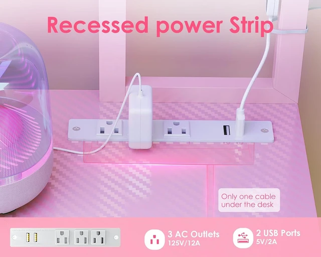 Alt view image 5 of 7 - AODK L Shaped Desk Gaming Desk with LED Light & Power Outlet,53 Inch Pink Reversible L Shaped Computer Table with Shelf & Storage Bag & Hook for Home Office