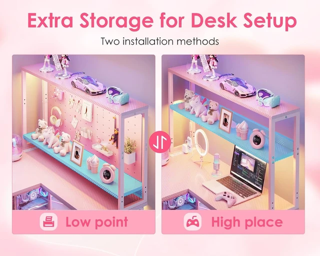 Alt view image 2 of 7 - AODK L Shaped Desk Gaming Desk with LED Light & Power Outlet,53 Inch Pink Reversible L Shaped Computer Table with Shelf & Storage Bag & Hook for Home Office