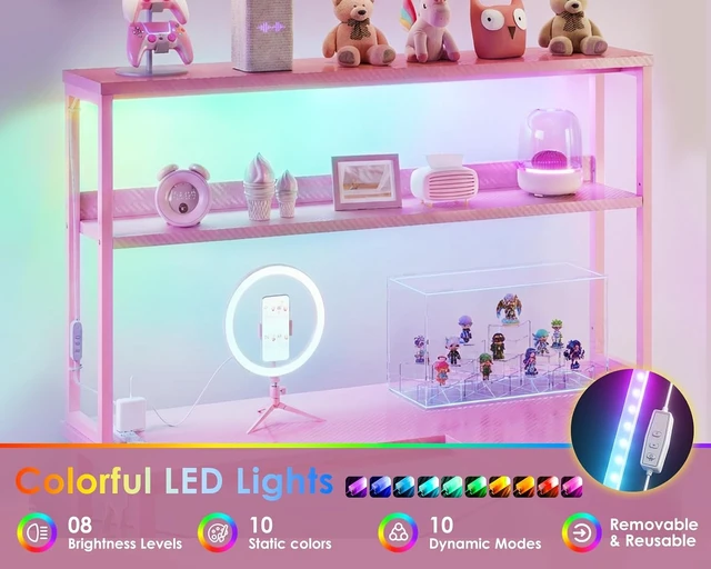 Alt view image 7 of 7 - AODK L Shaped Desk Gaming Desk with LED Light & Power Outlet,53 Inch Pink Reversible L Shaped Computer Table with Shelf & Storage Bag & Hook for Home Office
