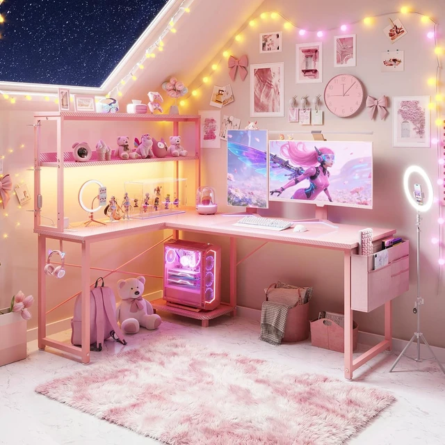 Alt view image 3 of 7 - AODK L Shaped Desk Gaming Desk with LED Light & Power Outlet,53 Inch Pink Reversible L Shaped Computer Table with Shelf & Storage Bag & Hook for Home Office