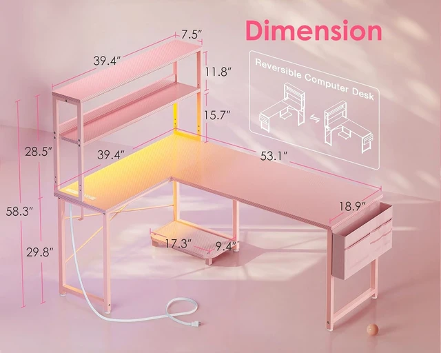 Alt view image 6 of 7 - AODK L Shaped Desk Gaming Desk with LED Light & Power Outlet,53 Inch Pink Reversible L Shaped Computer Table with Shelf & Storage Bag & Hook for Home Office