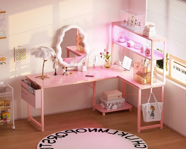 Alt view image 4 of 7 - AODK L Shaped Desk Gaming Desk with LED Light & Power Outlet,53 Inch Pink Reversible L Shaped Computer Table with Shelf & Storage Bag & Hook for Home Office
