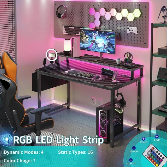 Alt view image 6 of 7 - Lufeiya Gaming Desk with Power Outlets and LED Lights, 40 Inch Gamer Desk Table with Charging Station, Home Office Computer Desks with Monitor, Black