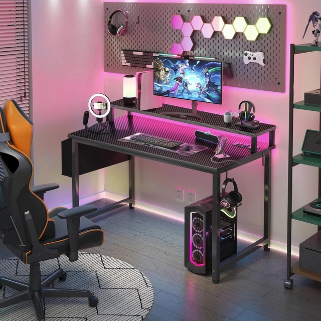 Alt view image 2 of 7 - Lufeiya Gaming Desk with Power Outlets and LED Lights, 40 Inch Gamer Desk Table with Charging Station, Home Office Computer Desks with Monitor, Black