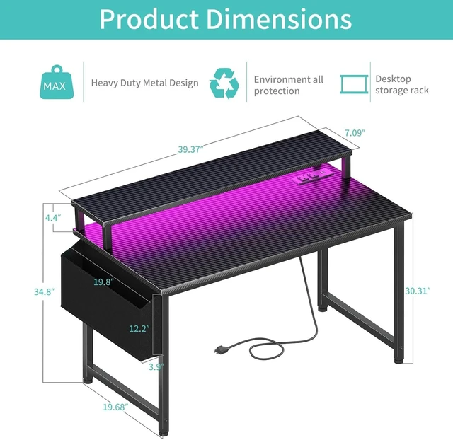 Alt view image 7 of 7 - Lufeiya Gaming Desk with Power Outlets and LED Lights, 40 Inch Gamer Desk Table with Charging Station, Home Office Computer Desks with Monitor, Black