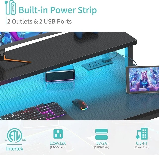 Alt view image 2 of 7 - Lufeiya Black Gaming Desk with LED Lights and Power Outlets, 40 Inch Teen Writing Study Table Home Office Desks with Monitor Stand, Computer Desk with Charging Station USB Port, Black