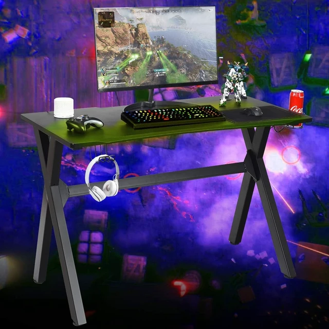 Alt view image 2 of 7 - Tangkula Computer Desk Gaming Desk, Ergonomic E-Sports Desk with Cup & Headphone Holder and Mouse Pad, Gamer Workstation with Carbon Fiber Surface and X-Shape Steel Frame, Home Office Desk (Black)