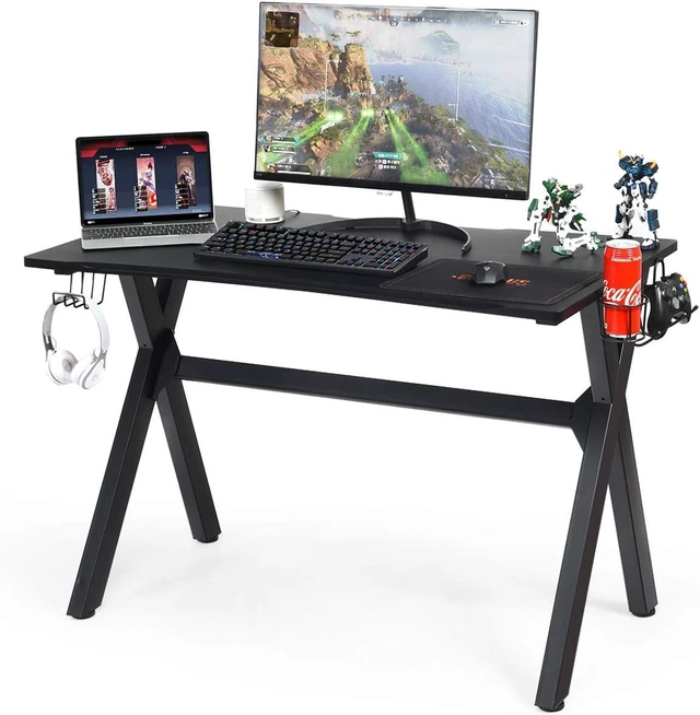 Main image of Tangkula Computer Desk Gaming Desk, Ergonomic E-Sports Desk with Cup & Headphone Holder and Mouse Pad, Gamer Workstation with Carbon Fiber Surface and X-Shape Steel Frame, Home Office Desk (Black)
