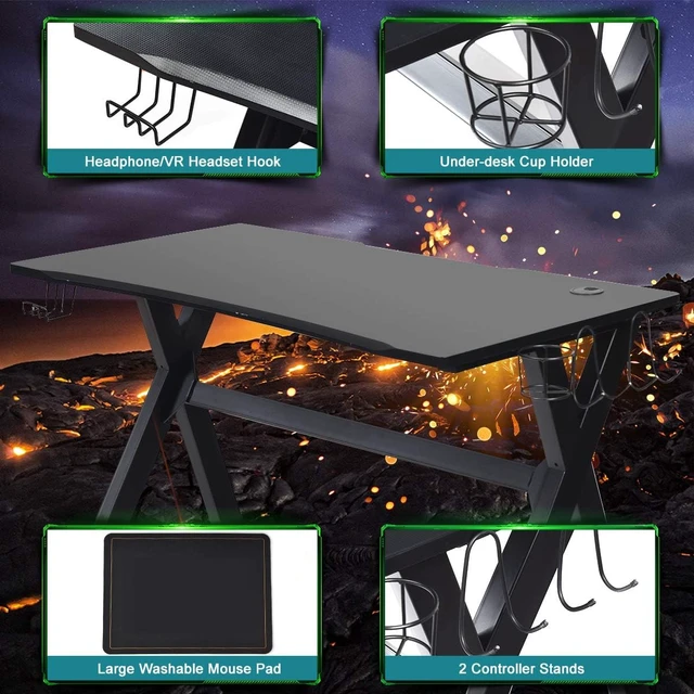 Alt view image 3 of 7 - Tangkula Computer Desk Gaming Desk, Ergonomic E-Sports Desk with Cup & Headphone Holder and Mouse Pad, Gamer Workstation with Carbon Fiber Surface and X-Shape Steel Frame, Home Office Desk (Black)