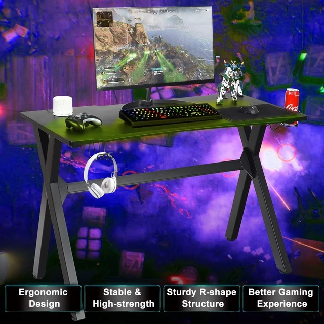 Alt view image 6 of 7 - Tangkula Computer Desk Gaming Desk, Ergonomic E-Sports Desk with Cup & Headphone Holder and Mouse Pad, Gamer Workstation with Carbon Fiber Surface and X-Shape Steel Frame, Home Office Desk (Black)