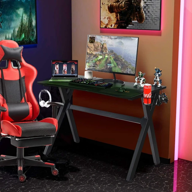 Alt view image 5 of 7 - Tangkula Computer Desk Gaming Desk, Ergonomic E-Sports Desk with Cup & Headphone Holder and Mouse Pad, Gamer Workstation with Carbon Fiber Surface and X-Shape Steel Frame, Home Office Desk (Black)