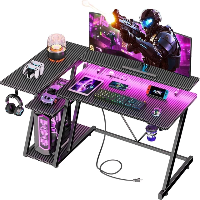 Main image of Korfile 40 Inch Gaming Desk with Power Outlet, LED, Carbon Fiber Black,L Shaped Computer Gaming Table, Corner Gamer Table, with 3 Tiers Storage Shelves, with Moniter Stand, for Small Space