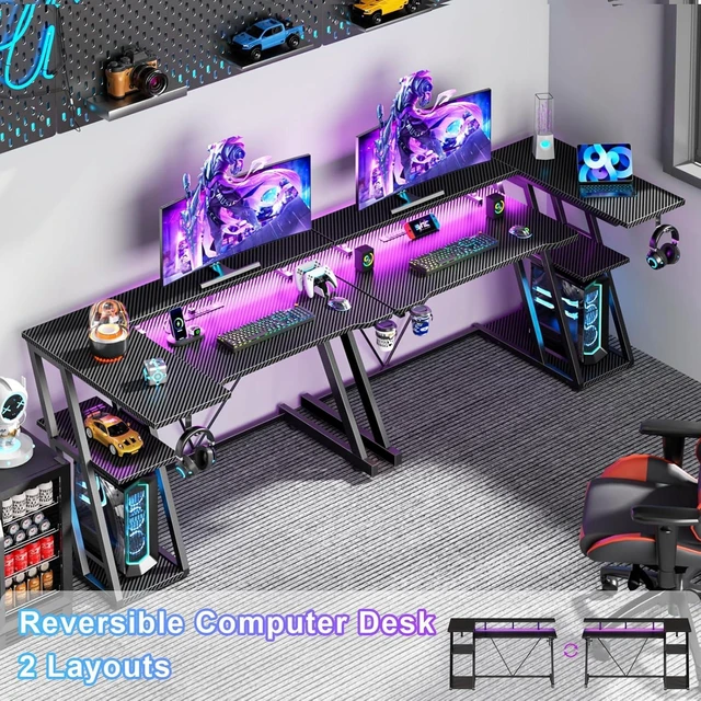 Alt view image 3 of 7 - Korfile 40 Inch Gaming Desk with Power Outlet, LED, Carbon Fiber Black,L Shaped Computer Gaming Table, Corner Gamer Table, with 3 Tiers Storage Shelves, with Moniter Stand, for Small Space