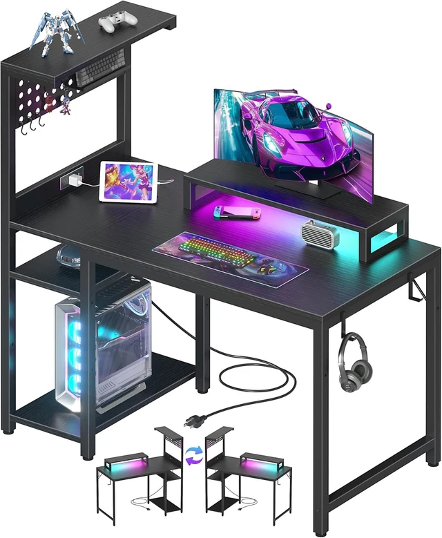 Main image of 40 inch Small Gaming Desk with Pegboard and Monitor Stand, Black,LED Lights, Power Outlets and Reversible Storage Shelf Bedroom Small Space, Gamer's Suite, E-sports Room