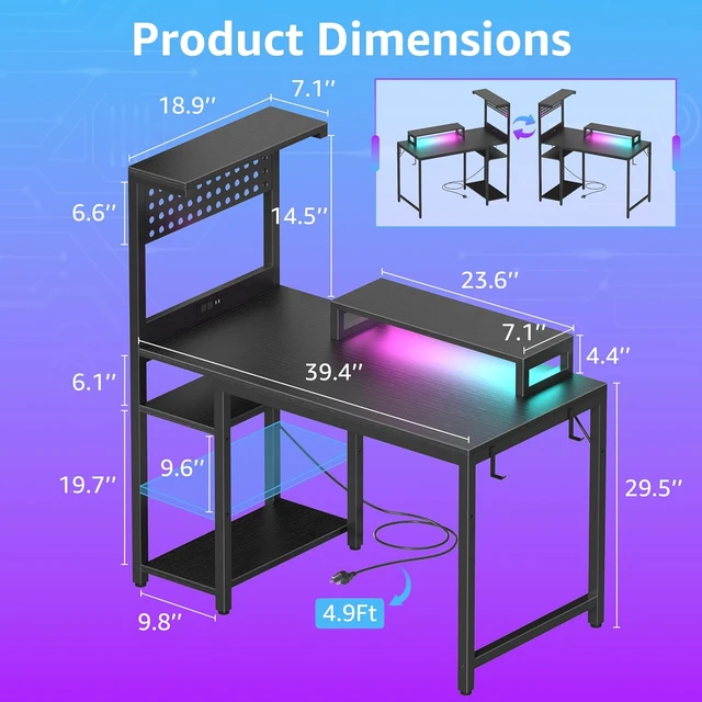 Alt view image 6 of 7 - 40 inch Small Gaming Desk with Pegboard and Monitor Stand, Black,LED Lights, Power Outlets and Reversible Storage Shelf Bedroom Small Space, Gamer's Suite, E-sports Room
