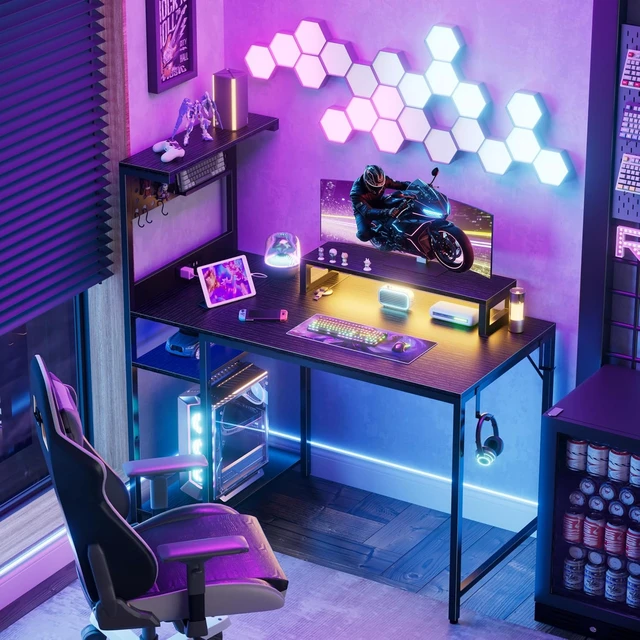 Alt view image 4 of 7 - 40 inch Small Gaming Desk with Pegboard and Monitor Stand, Black,LED Lights, Power Outlets and Reversible Storage Shelf Bedroom Small Space, Gamer's Suite, E-sports Room