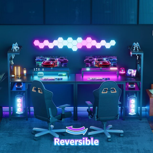 Alt view image 3 of 7 - 40 inch Small Gaming Desk with Pegboard and Monitor Stand, Black,LED Lights, Power Outlets and Reversible Storage Shelf Bedroom Small Space, Gamer's Suite, E-sports Room