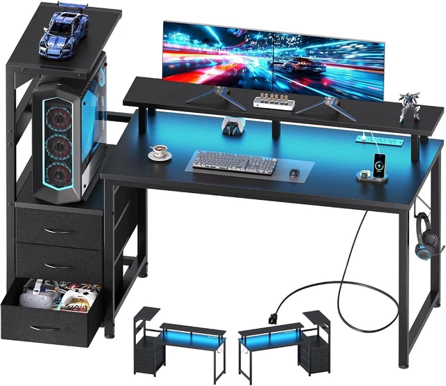 Main image of DUMOS 52 Reversible Gaming Computer Desk with Drawers and Power Outlet,Gamer Table with Side Hook LED Lights and Monitor Stand for Home Office Small Space Fits PC Towers, Black